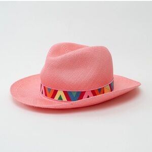 Valentino Pink Woven Straw Geometric Band Optical V Fedora